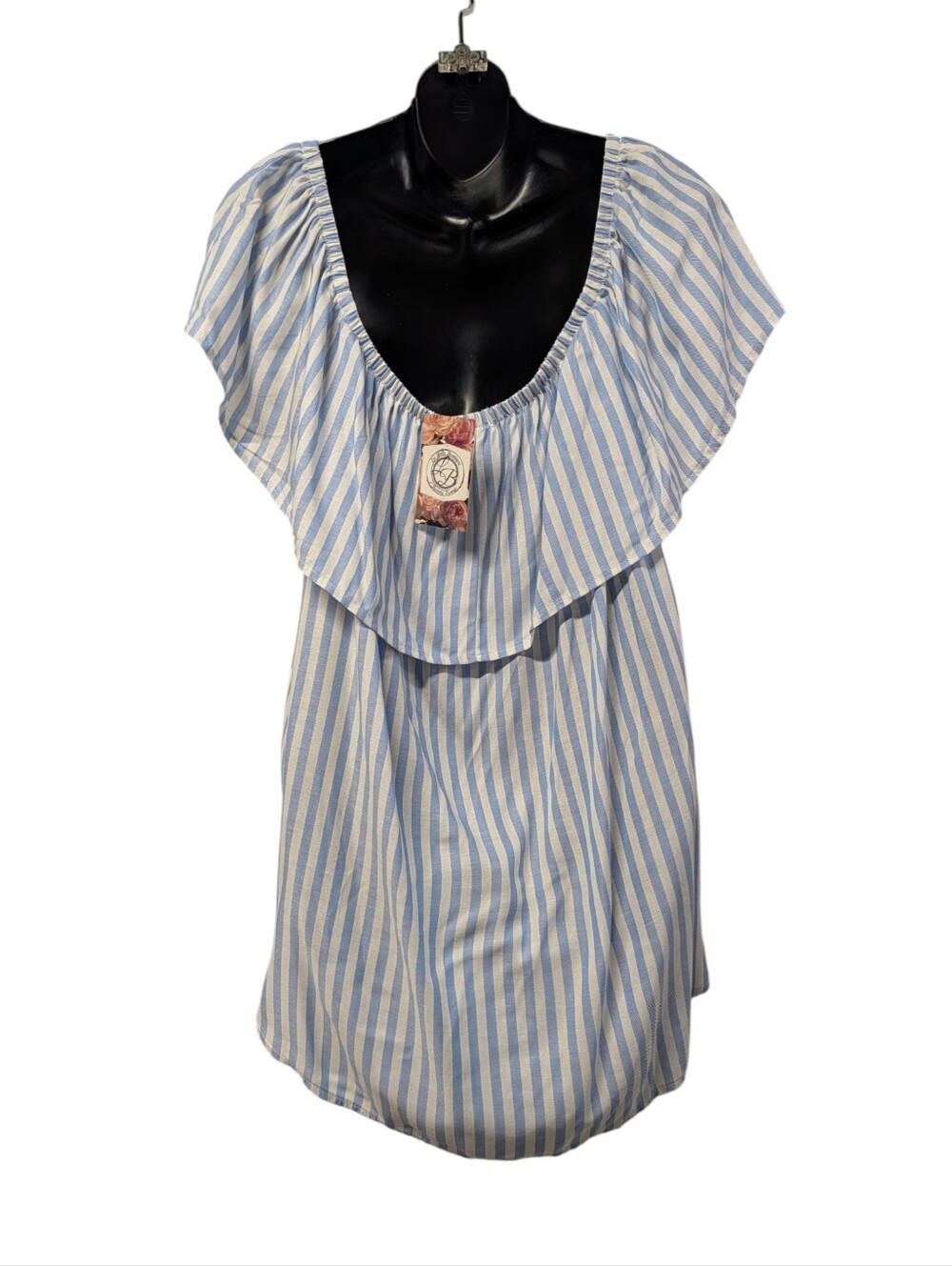 Maitai 2X Blue White Stripe Ruffle Off Shoulder Puff Sleeve Blouse NWT - Picture 2 of 9